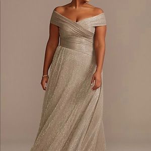 Pleated Metallic Off-the-Shoulder Plus Size Dress